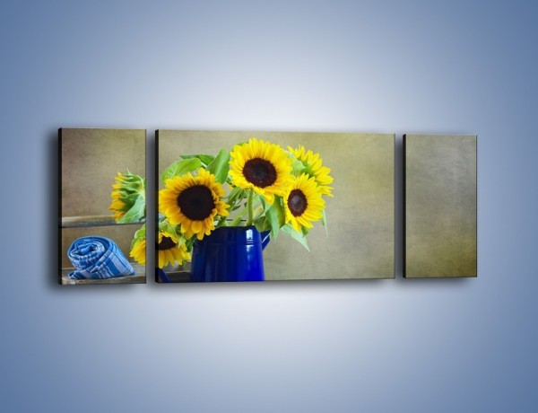 Obraz na płótnie – Słoneczniki w niebieskiej konewce – trzyczęściowy K420W5