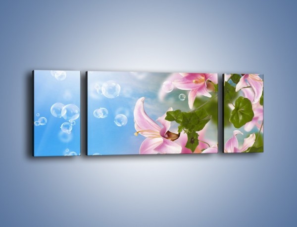 Obraz na płótnie – Mydlane bańki nad kwiatami – trzyczęściowy K669W5