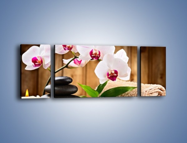 Obraz na płótnie – Ręczniki świece i kwiaty – trzyczęściowy K914W5