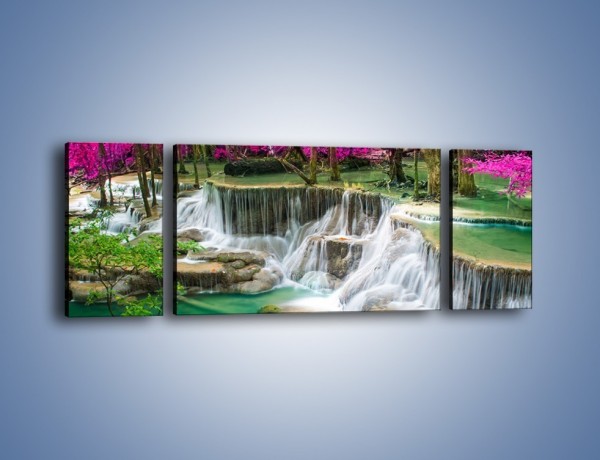 Obraz na płótnie – Purpurowy las i wodospad – trzyczęściowy KN1099W5
