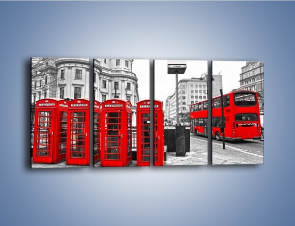 Obraz na płótnie – Czerwony autobus i budki telefoniczne – czteroczęściowy AM397W1