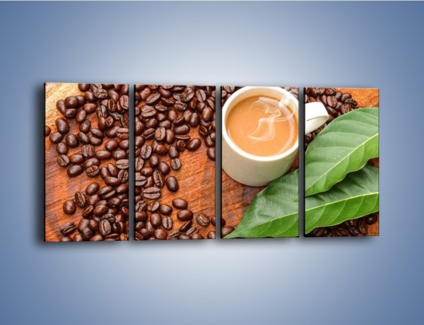 Obraz na płótnie – Ziarna kawy pod liściem – czteroczęściowy JN417W1