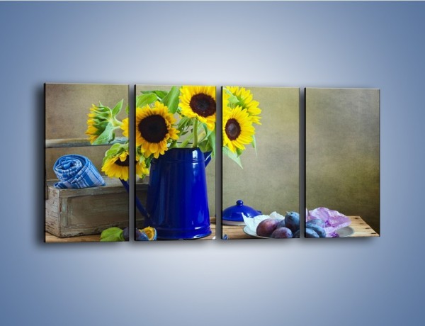 Obraz na płótnie – Słoneczniki w niebieskiej konewce – czteroczęściowy K420W1