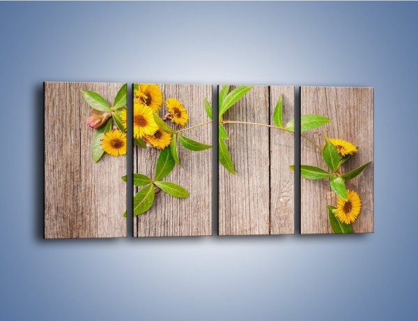 Obraz na płótnie – Słoneczne kwiatuszki na deskach – czteroczęściowy K645W1