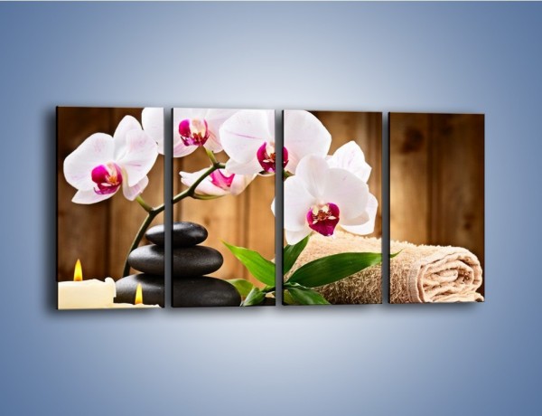 Obraz na płótnie – Ręczniki świece i kwiaty – czteroczęściowy K914W1