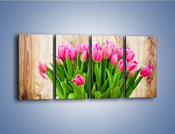 Obraz na płótnie – Różowe tulipany na drewnianym stole – czteroczęściowy K937W1