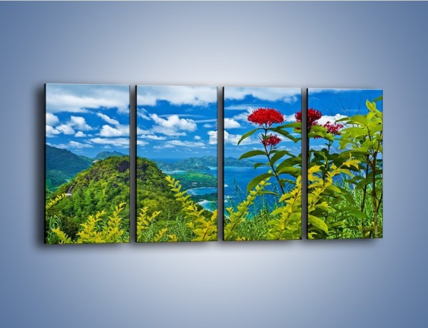 Obraz na płótnie – Bordowe kwiaty w górskim krajobrazie – czteroczęściowy KN561W1