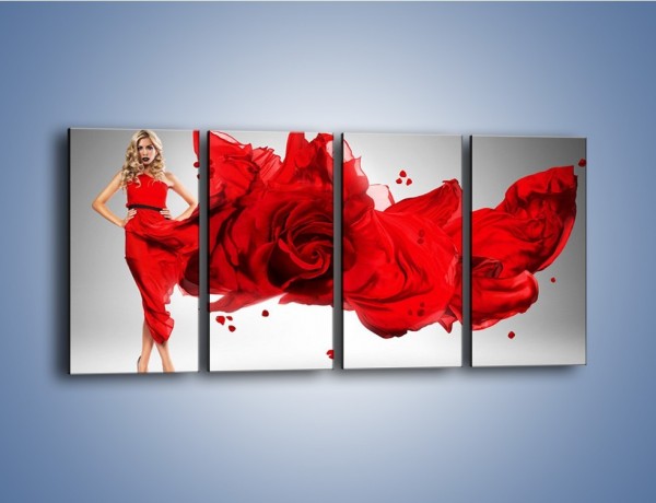 Obraz na płótnie – Czerwona róża i kobieta – czteroczęściowy L144W1