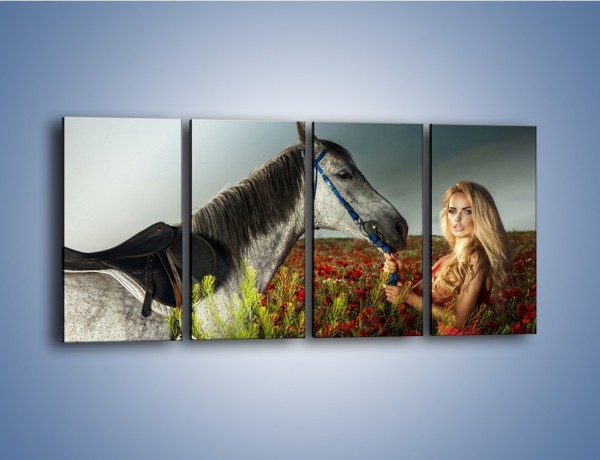 Obraz na płótnie – Kobieta koń i polana maków – czteroczęściowy L333W1