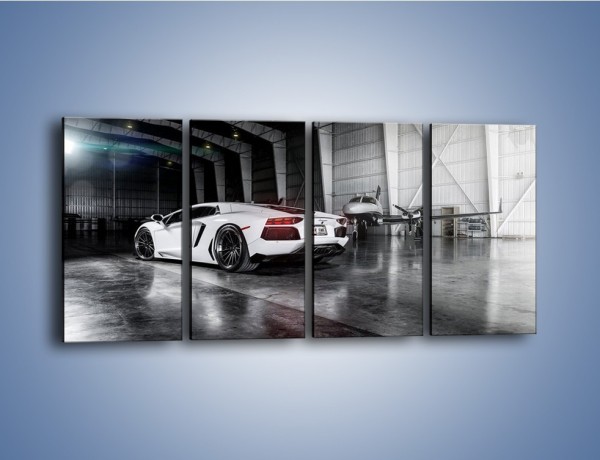 Obraz na płótnie – Lamborghini Aventador i samolot w tle – czteroczęściowy TM204W1