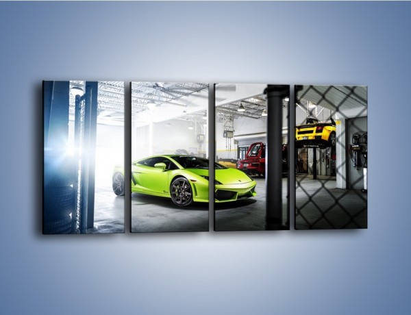 Obraz na płótnie – Limonkowe Lamborghini Gallardo w garażu – czteroczęściowy TM206W1