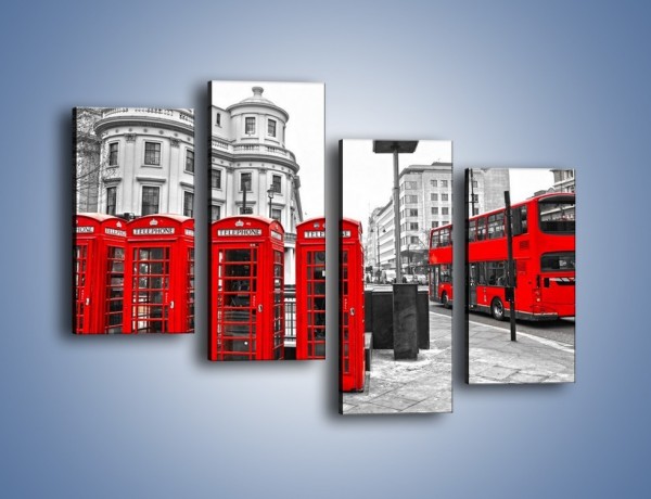 Obraz na płótnie – Czerwony autobus i budki telefoniczne – czteroczęściowy AM397W2