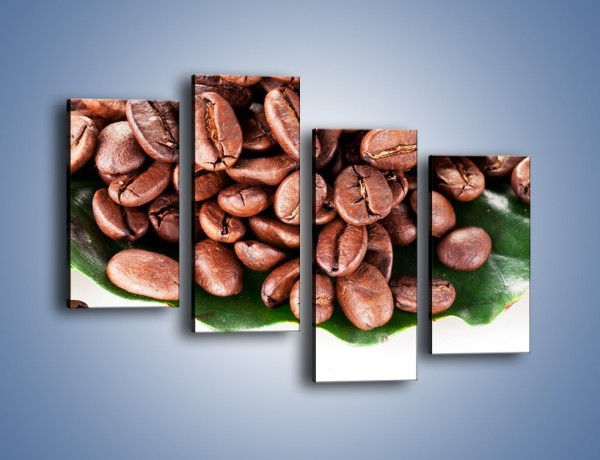 Obraz na płótnie – Ziarna kawy na liściu – czteroczęściowy JN419W2