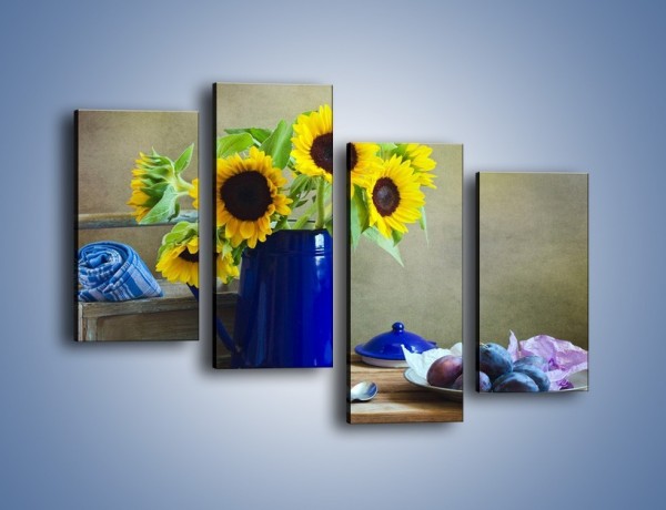 Obraz na płótnie – Słoneczniki w niebieskiej konewce – czteroczęściowy K420W2