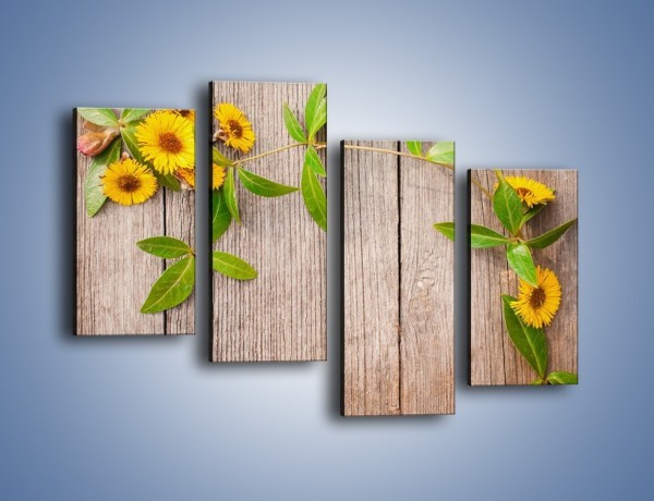 Obraz na płótnie – Słoneczne kwiatuszki na deskach – czteroczęściowy K645W2