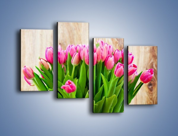 Obraz na płótnie – Różowe tulipany na drewnianym stole – czteroczęściowy K937W2
