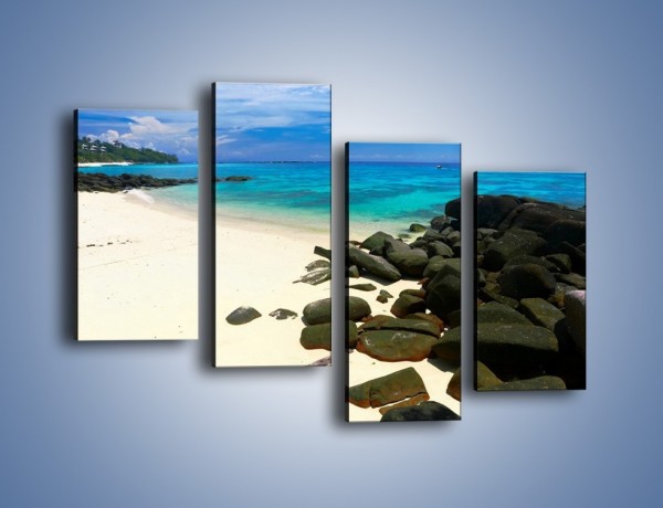Obraz na płótnie – Czarne kamienie i biała plaża – czteroczęściowy KN527W2