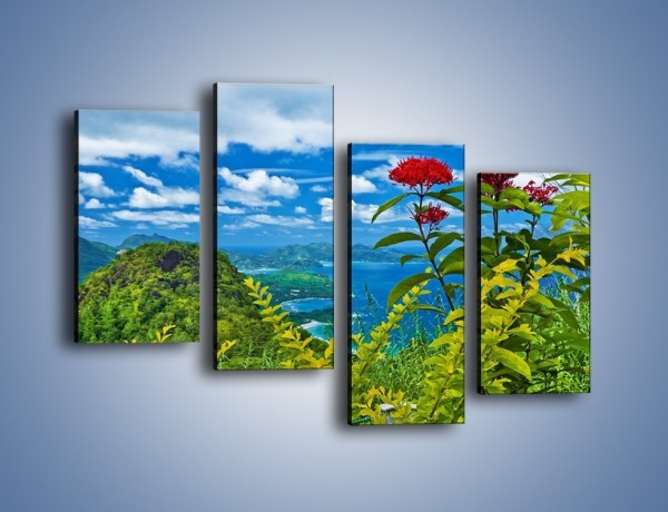 Obraz na płótnie – Bordowe kwiaty w górskim krajobrazie – czteroczęściowy KN561W2