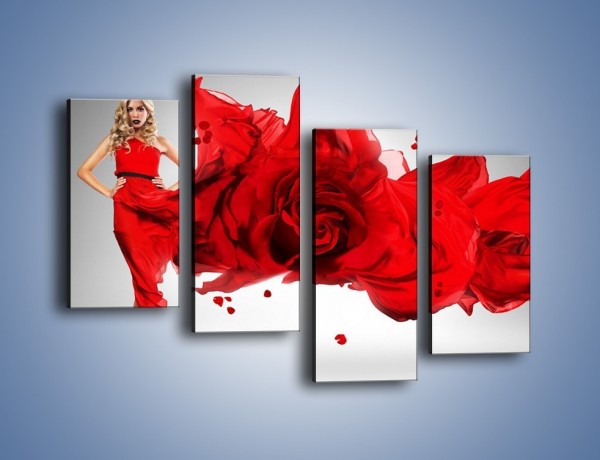 Obraz na płótnie – Czerwona róża i kobieta – czteroczęściowy L144W2