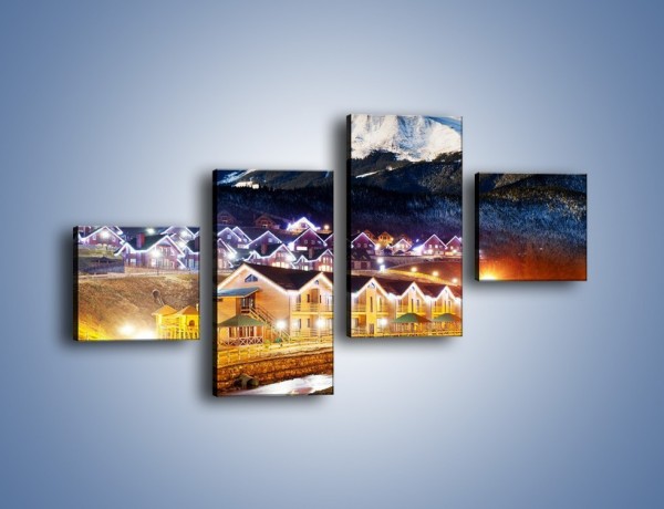 Obraz na płótnie – Oświetlone domki pod górami – czteroczęściowy AM070W3