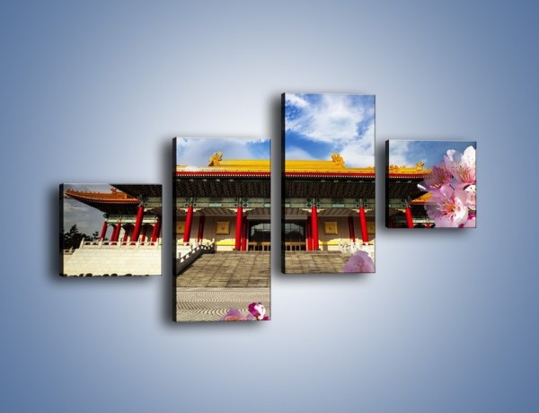 Obraz na płótnie – Azjatycka architektura z kwiatami – czteroczęściowy AM298W3