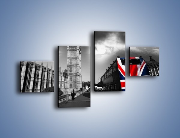 Obraz na płótnie – Big Ben i autobus z flagą UK – czteroczęściowy AM396W3