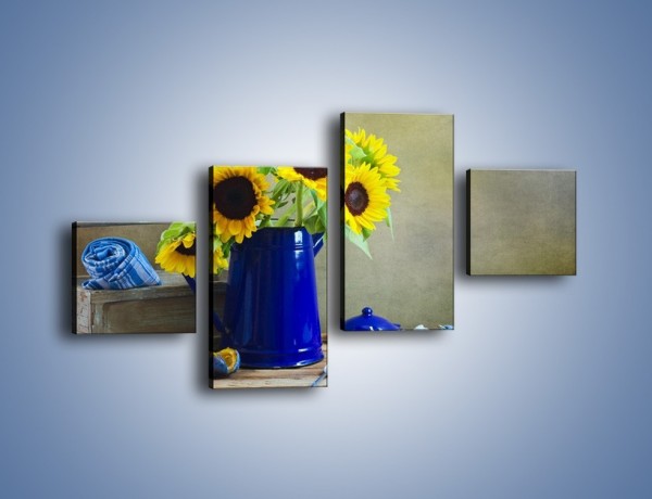 Obraz na płótnie – Słoneczniki w niebieskiej konewce – czteroczęściowy K420W3