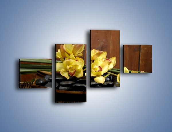 Obraz na płótnie – Kwiaty na drewnianym naczyniu – czteroczęściowy K575W3