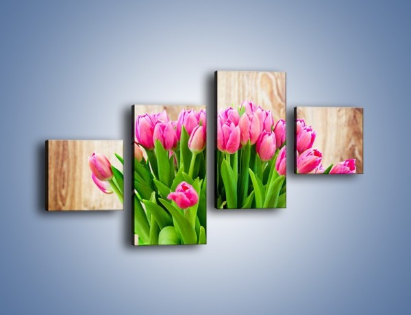 Obraz na płótnie – Różowe tulipany na drewnianym stole – czteroczęściowy K937W3