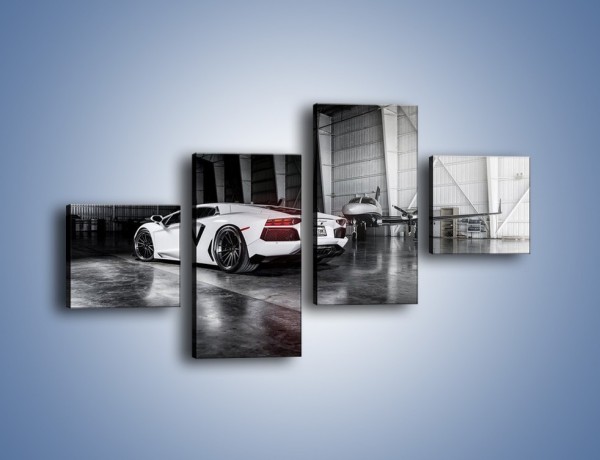 Obraz na płótnie – Lamborghini Aventador i samolot w tle – czteroczęściowy TM204W3