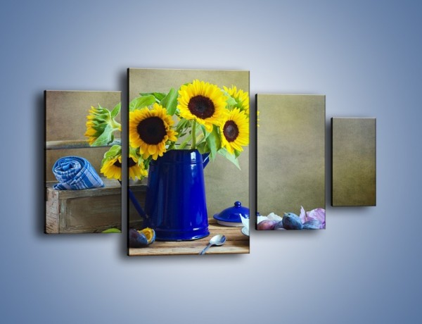 Obraz na płótnie – Słoneczniki w niebieskiej konewce – czteroczęściowy K420W4