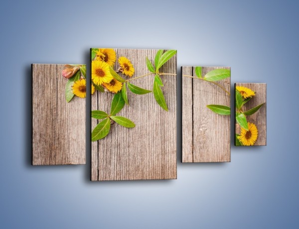 Obraz na płótnie – Słoneczne kwiatuszki na deskach – czteroczęściowy K645W4