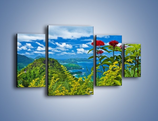 Obraz na płótnie – Bordowe kwiaty w górskim krajobrazie – czteroczęściowy KN561W4
