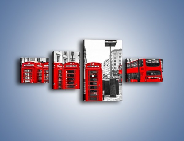 Obraz na płótnie – Czerwony autobus i budki telefoniczne – czteroczęściowy AM397W5