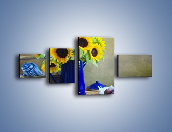 Obraz na płótnie – Słoneczniki w niebieskiej konewce – czteroczęściowy K420W5