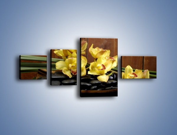 Obraz na płótnie – Kwiaty na drewnianym naczyniu – czteroczęściowy K575W5