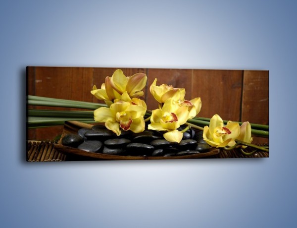 Obraz na płótnie – Kwiaty na drewnianym naczyniu – jednoczęściowy panoramiczny K575