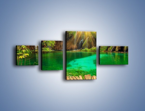 Obraz na płótnie – Zielone oczko wodne i drewno – czteroczęściowy KN1149AW5