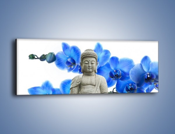 Obraz na płótnie – Niebieskie storczyki lubią buddę – jednoczęściowy panoramiczny K600