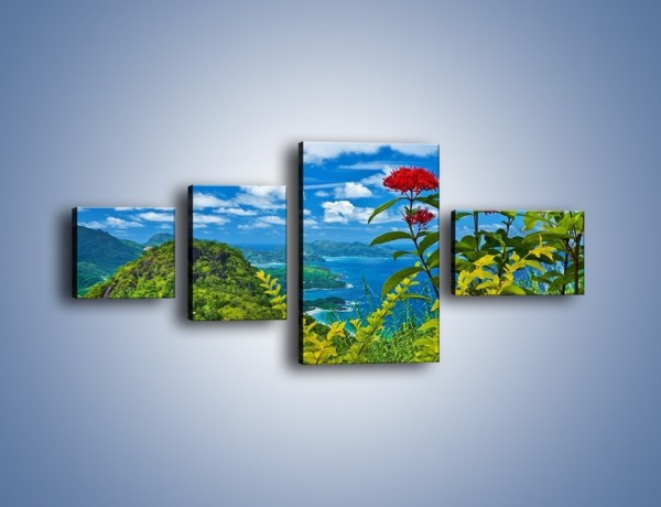 Obraz na płótnie – Bordowe kwiaty w górskim krajobrazie – czteroczęściowy KN561W5