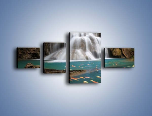 Obraz na płótnie – Wodospad i kolorowe rybki – czteroczęściowy KN994W5