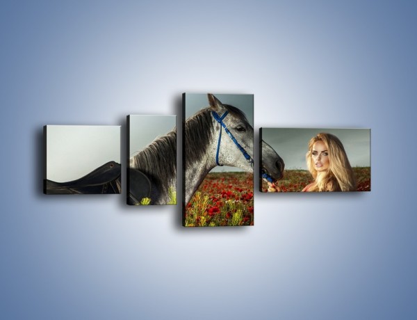 Obraz na płótnie – Kobieta koń i polana maków – czteroczęściowy L333W5