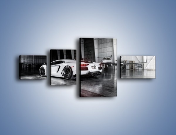 Obraz na płótnie – Lamborghini Aventador i samolot w tle – czteroczęściowy TM204W5