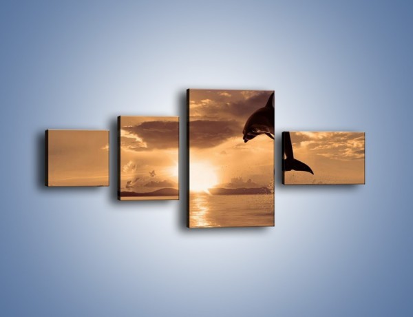 Obraz na płótnie – Z delfinem w stronę zachodzącego słońca – czteroczęściowy Z170W5