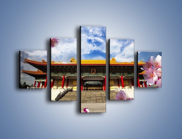 Obraz na płótnie – Azjatycka architektura z kwiatami – pięcioczęściowy AM298W1