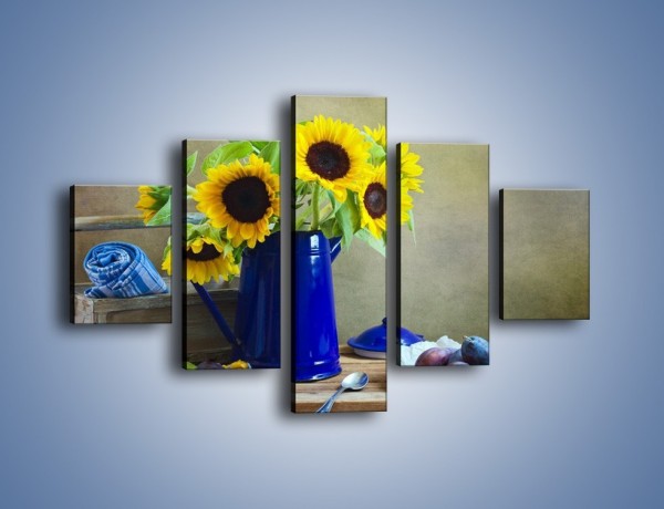 Obraz na płótnie – Słoneczniki w niebieskiej konewce – pięcioczęściowy K420W1