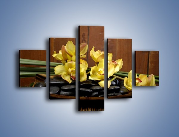 Obraz na płótnie – Kwiaty na drewnianym naczyniu – pięcioczęściowy K575W1