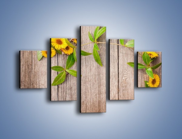 Obraz na płótnie – Słoneczne kwiatuszki na deskach – pięcioczęściowy K645W1