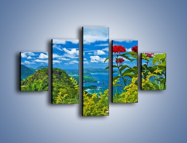 Obraz na płótnie – Bordowe kwiaty w górskim krajobrazie – pięcioczęściowy KN561W1