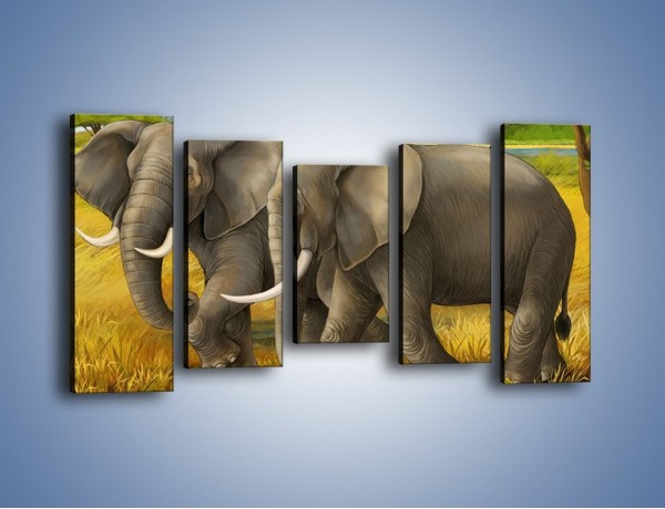 Obraz na płótnie – Rozmowa słoni podczas spaceru – pięcioczęściowy GR334W2